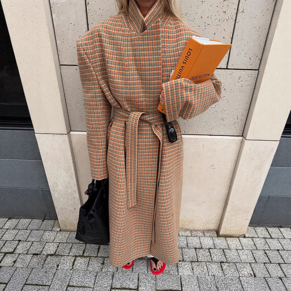 Damen Oversize Wollmantel mit Hahnentritt-Muster und Taillengürtel Drune