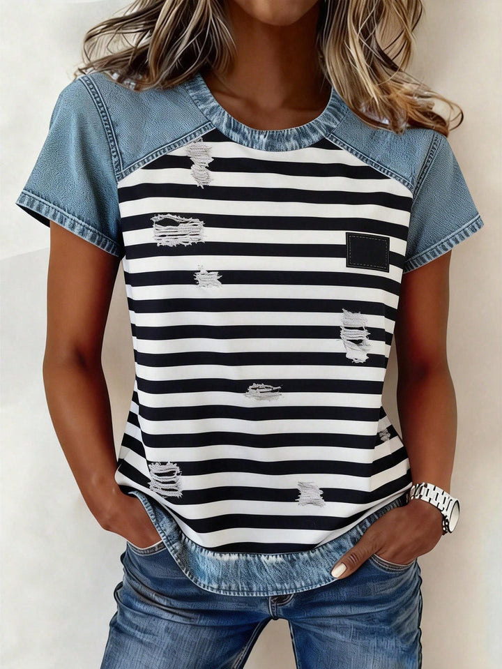 Damen Kurzarmshirt mit Jeans-Einsätzen und Teddy-Patchprint Drune