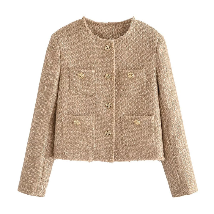 Damen nan cropped Tweed-Kurzjacke mit Rundhalsausschnitt, goldenen Zierknöpfen und aufgesetzten Taschen Drune