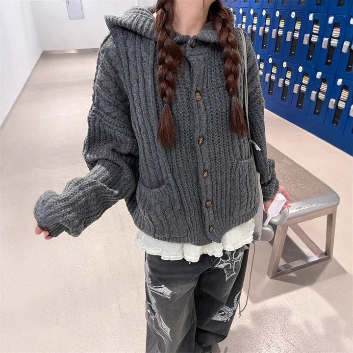 Damen Kuschelstrickjacke mit Kapuze und großen Taschen Drune