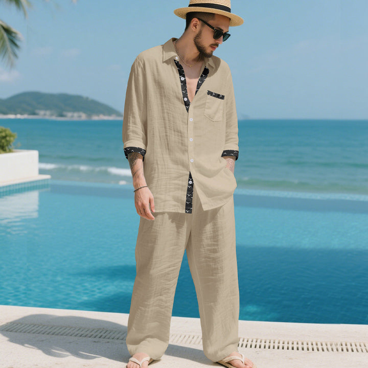 Herren Leinenoptik-Loungewear-Set mit Kordelzughose und offenem Hemdjacke Drune