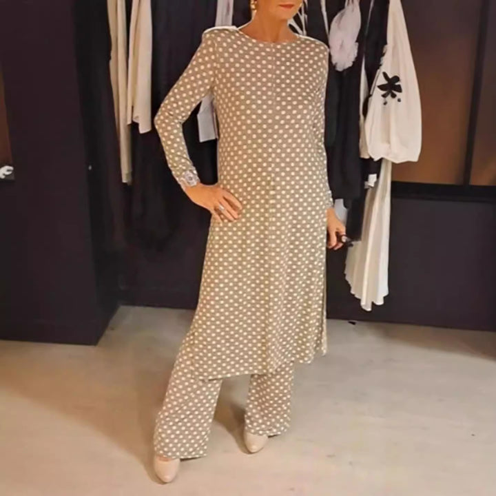 Damen nan Pünktchen-Lounge-Ensemble mit langer A-Linien-Tunika, mittigem Frontschlitz und weiter Palazzohose Drune