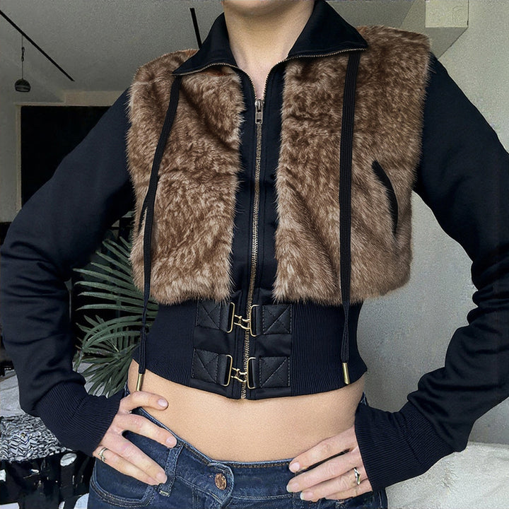 Damen Kurzjacke mit Kunstfellfront, hohem Stehkragen und tailliertem Rippbund Drune