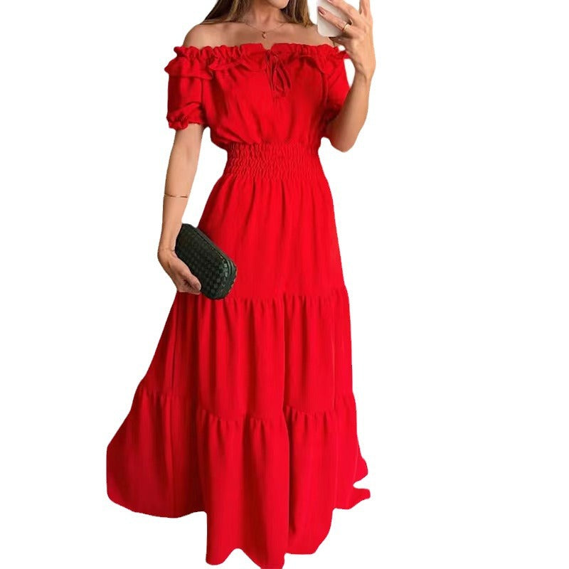 Damen Maxikleid mit schulterfreiem Design und voluminösen Rüschen Drune