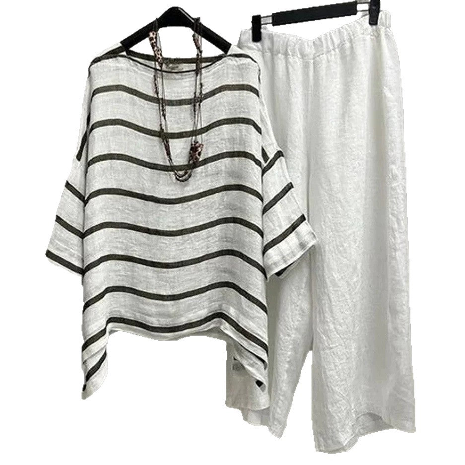 Damen nan lässiges Leinen-Set mit asymmetrischer Streifenbluse und weiter Elastikbund-Hose Drune