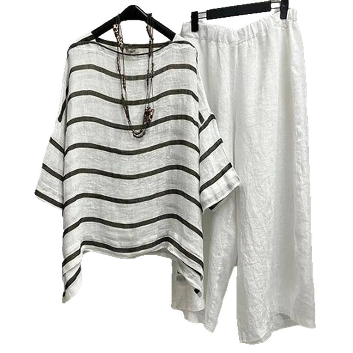 Damen nan lässiges Leinen-Set mit asymmetrischer Streifenbluse und weiter Elastikbund-Hose Drune