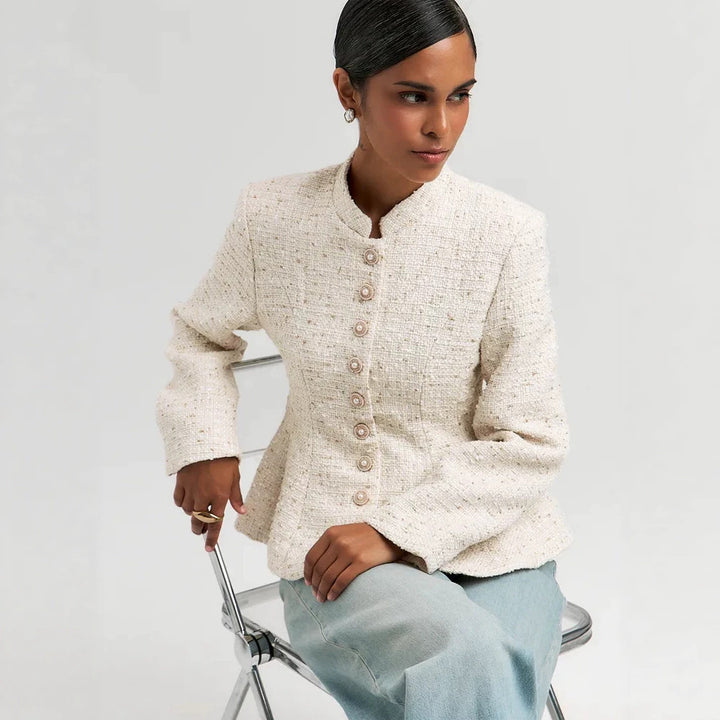 Damen Bouclé-Blazer mit Stehkragen und taillierter Schößchen-Silhouette Drune