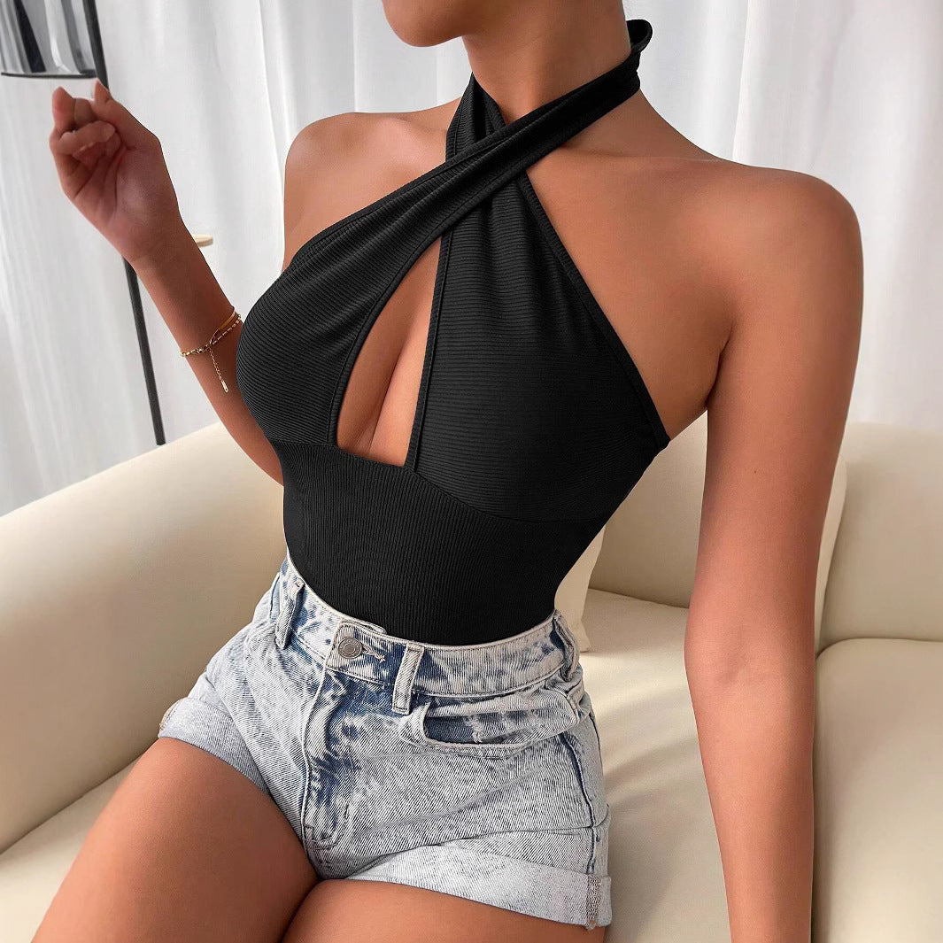 Drune | Cross Hollow Out Halter Bodysuit