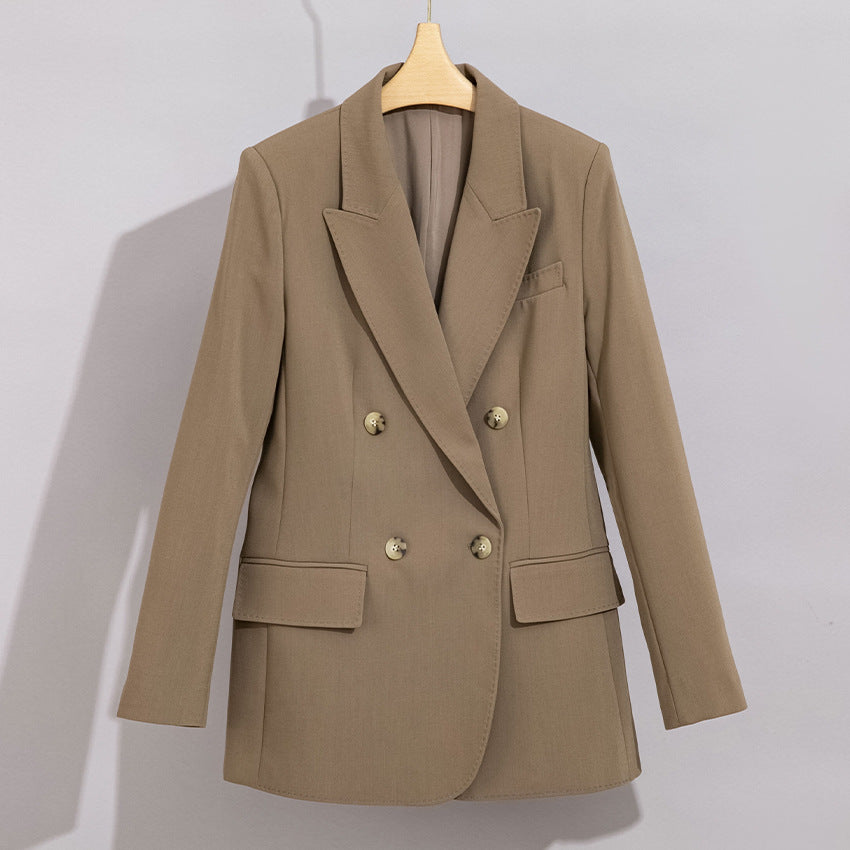 Damen Doppelreihiger strukturierter Blazer mit markantem Revers und Pattentaschen Drune