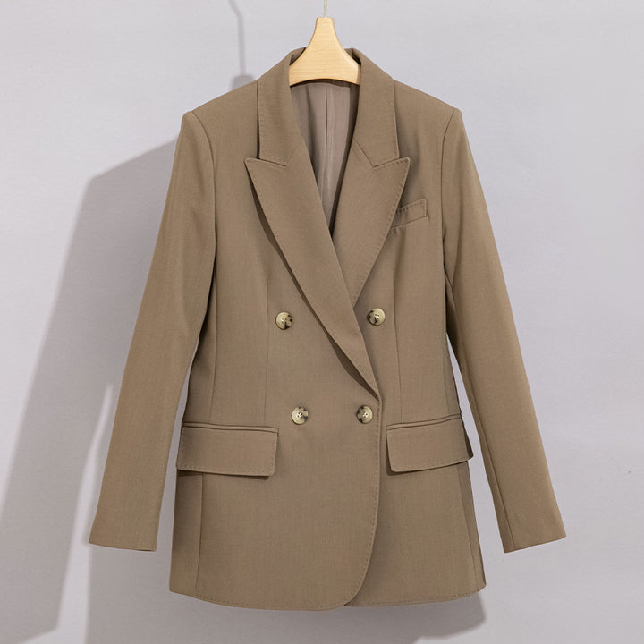 Damen Doppelreihiger strukturierter Blazer mit markantem Revers und Pattentaschen Drune