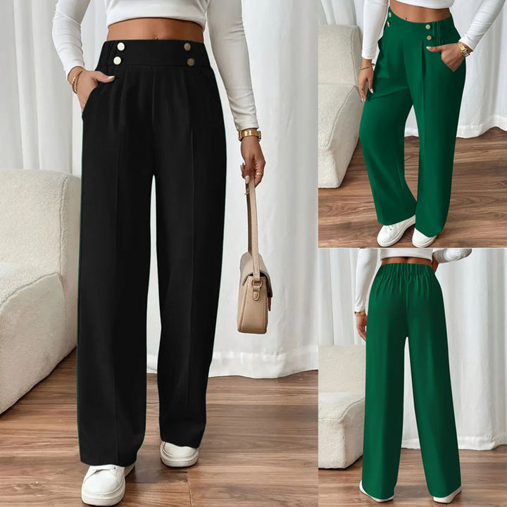 Damen Hochtaillierte Palazzo-Hose mit Zierknopfleiste, Bügelfalte und Eingrifftaschen Drune