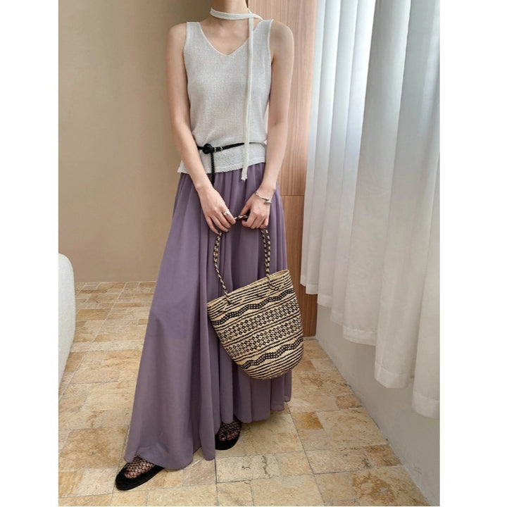 Damen elegantes Maxikleid mit fließendem Schnitt und dekorativem Gürtel Drune