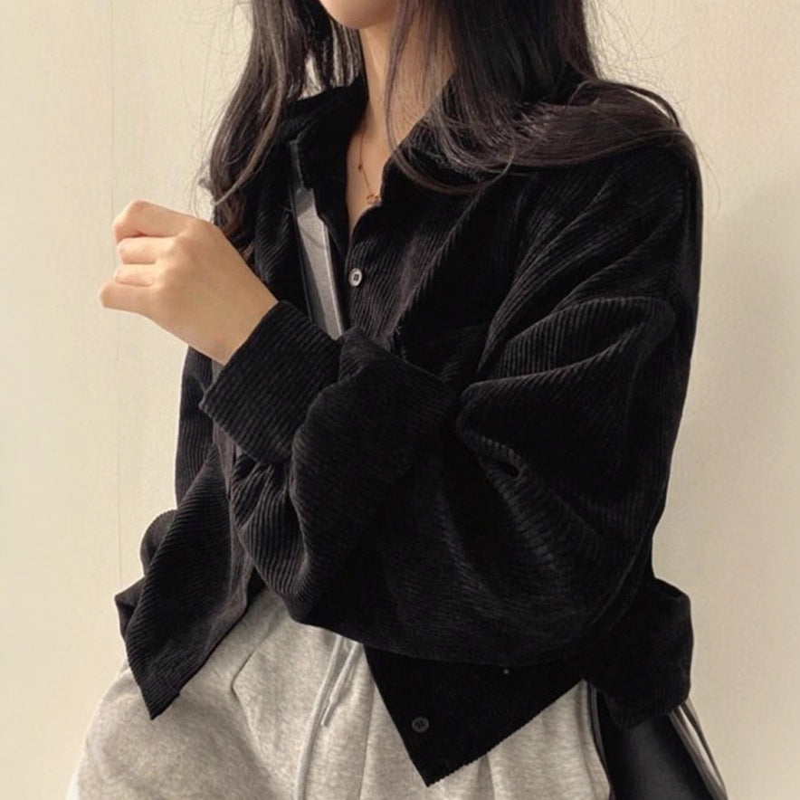 Damen Kurzgeschnittene Cordjacke mit Oversize-Ärmeln und Brusttaschen Drune