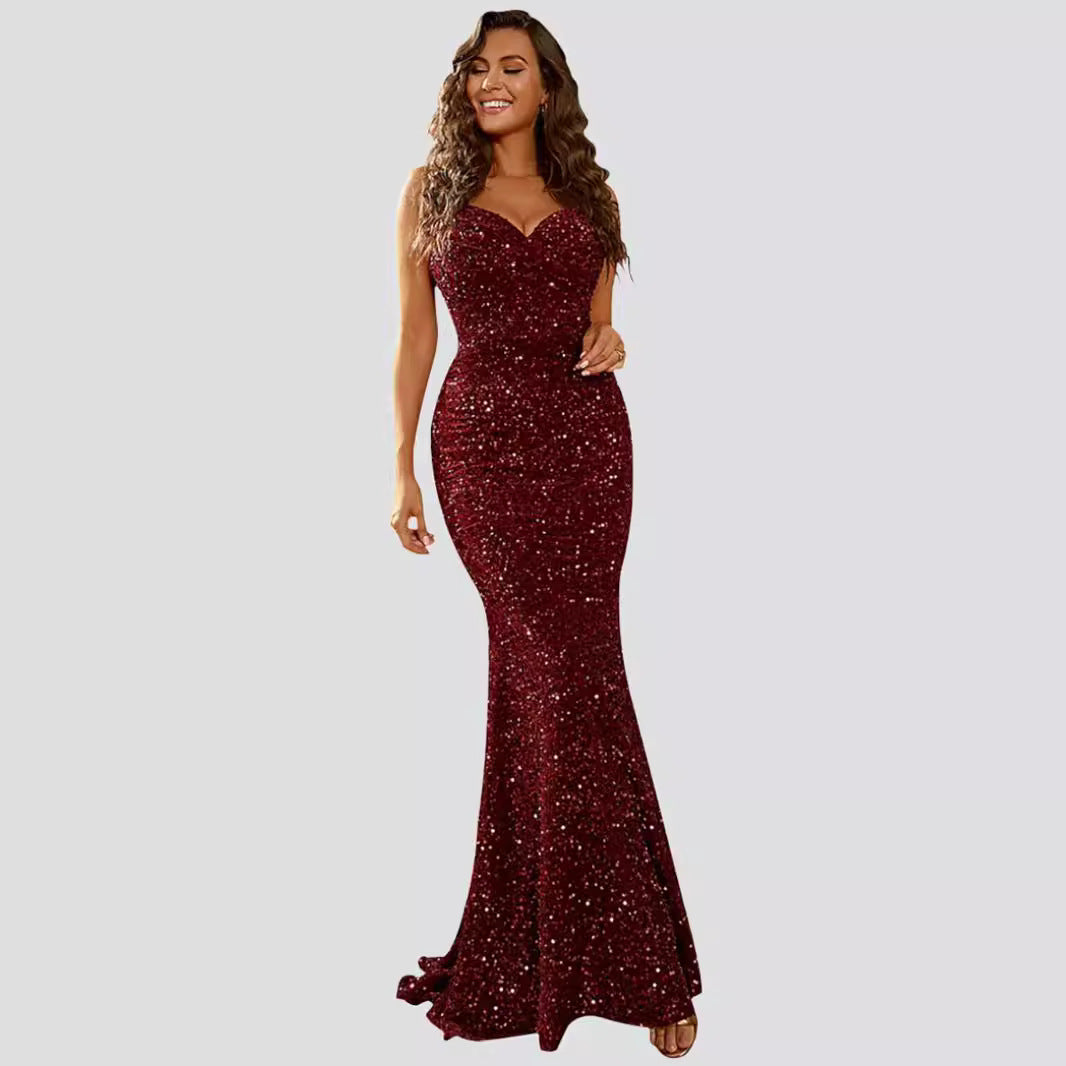 Damen Figurbetontes Glitzer-Abendkleid mit herzförmigem Ausschnitt und schwingendem Rock Drune