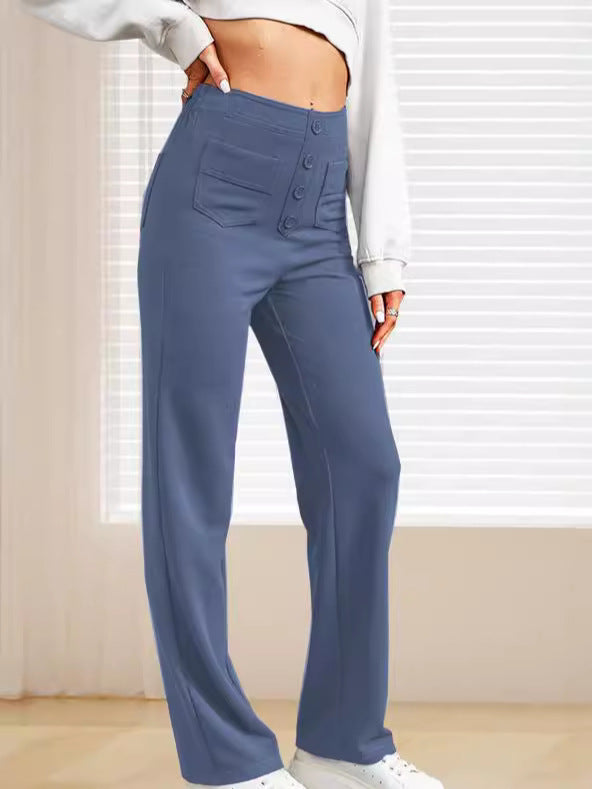 Damen elegante High-Waist-Hose mit Knopfdetails und praktischen Taschen Drune