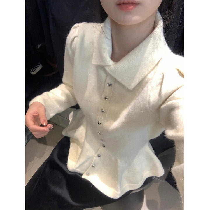 Damen Peplum-Oberteil aus weichem Strick mit eleganten Knöpfen Drune