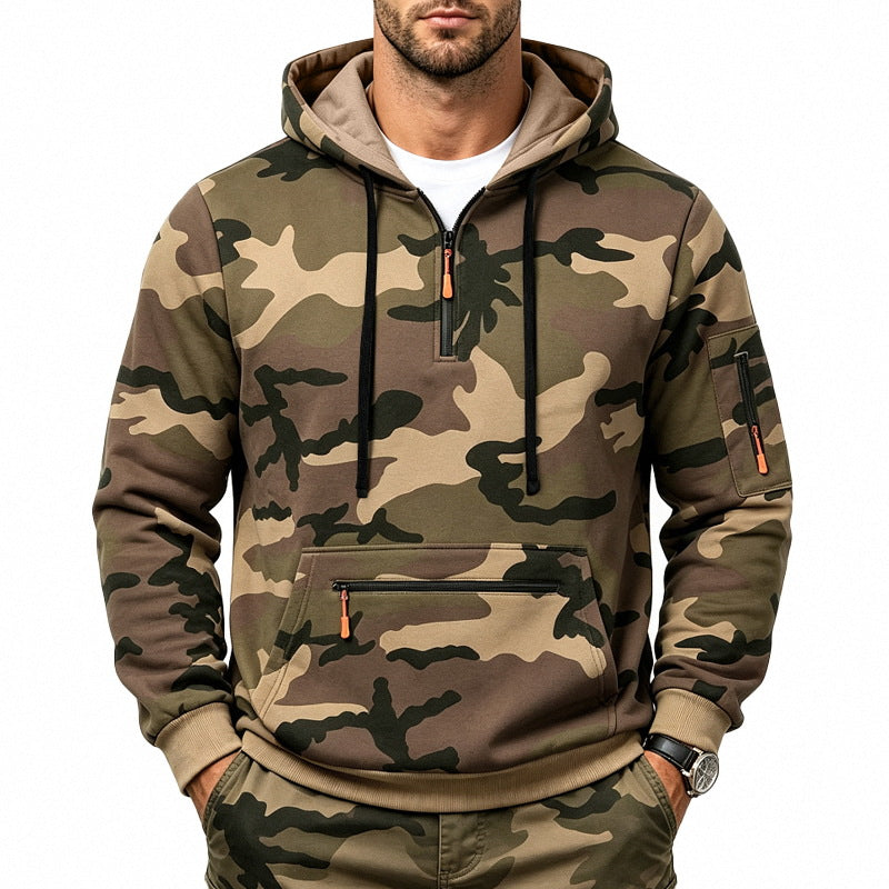 Herren Kapuzenpullover mit Tarnmuster, Reißverschlusstaschen und Kängurutasche Drune