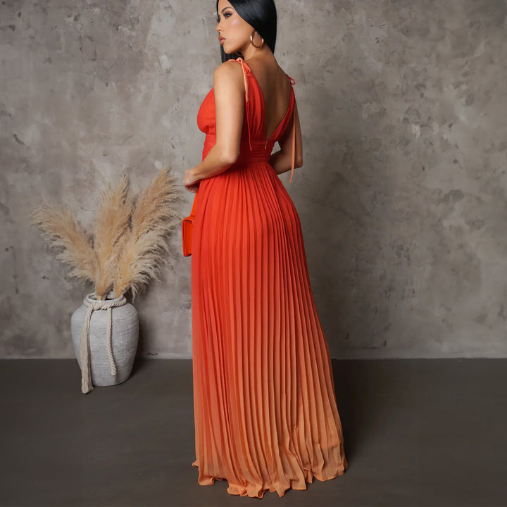 Damen Maxikleid mit tiefem V-Ausschnitt und elegantem Falten-Design Drune