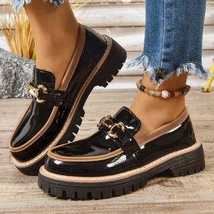 Damen Modische Lack-Loafer mit übergroßer Schleife und grober Profilsohle Drune