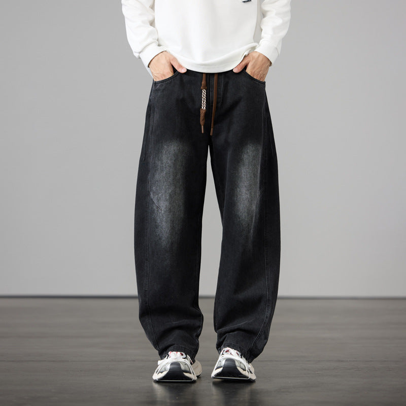 Herren Baggy-Denimhose mit Tunnelzug und Used-Wash-Details Drune