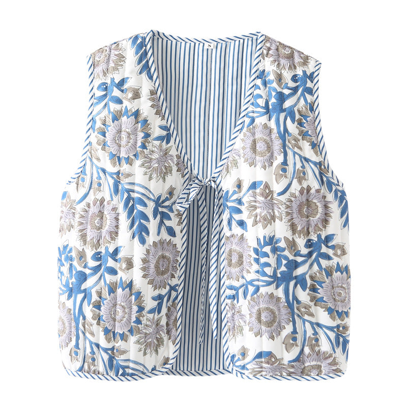 Damen nan gequiltete Patchwork-Weste mit Bindeband und V-Ausschnitt Drune
