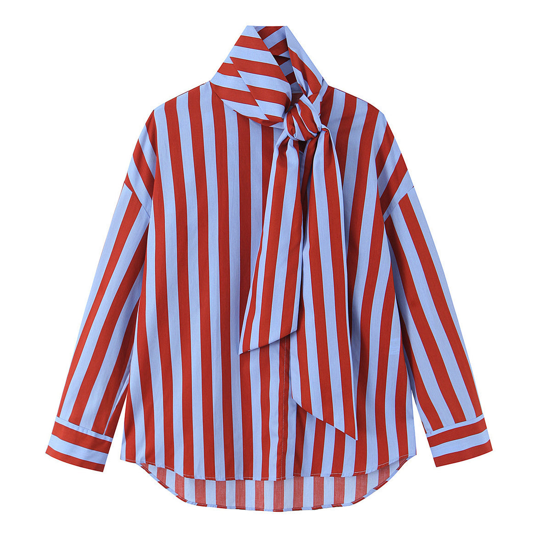 Damen Gestreifte Bluse mit Schleifenkragen und lockerer Oversize-Passform Drune