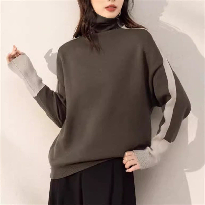 Damen Lässiger Rollkragenpullover mit Kontrastärmel Drune