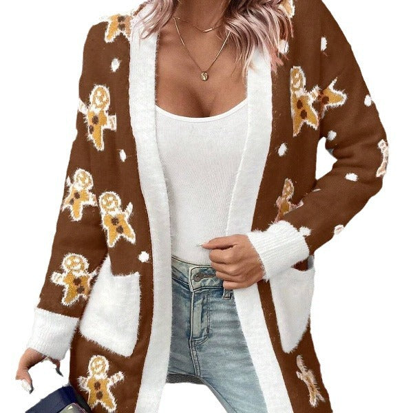 Damen Weihnachts-Cardigan mit festlichem Ingwerbread-Motiv und praktischen Taschen Drune