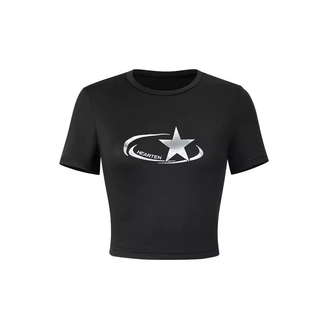 Damen Crop-T-Shirt mit glänzendem Sternmotiv und figurbetontem Schnitt Drune