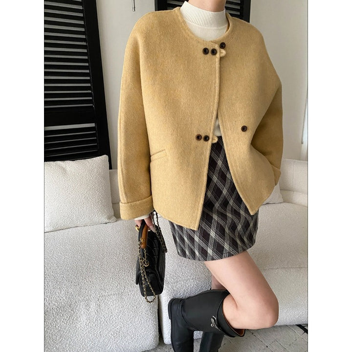 Damen kuschelige Oversized-Jacke aus hochwertigem Wollmix mit Knopfdetails Drune