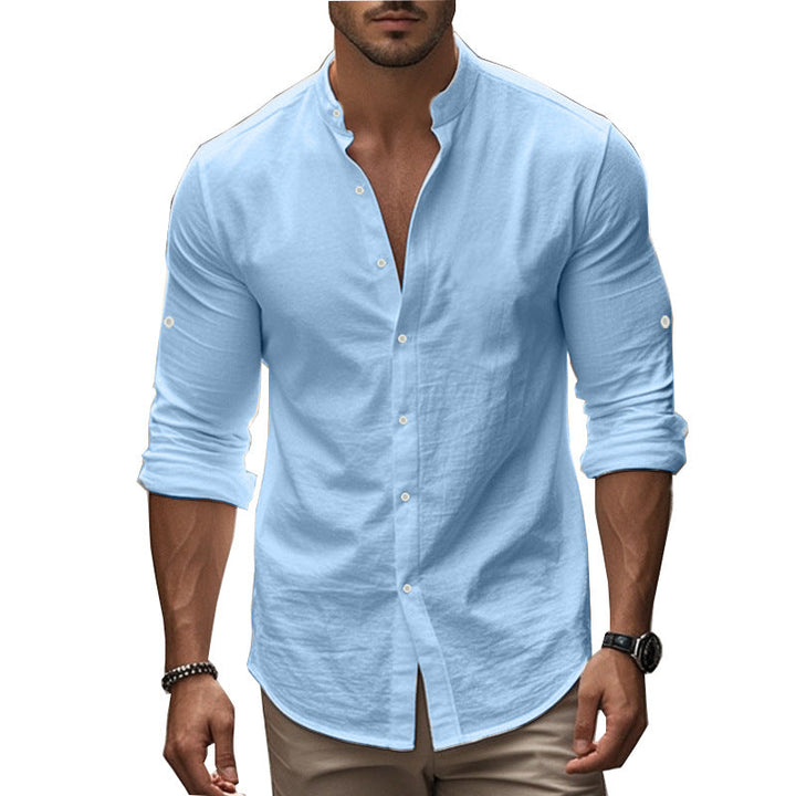 Herren Langarm-Hemd mit modernem Henley-Kragen und kontrastierenden Knopfdetails Drune