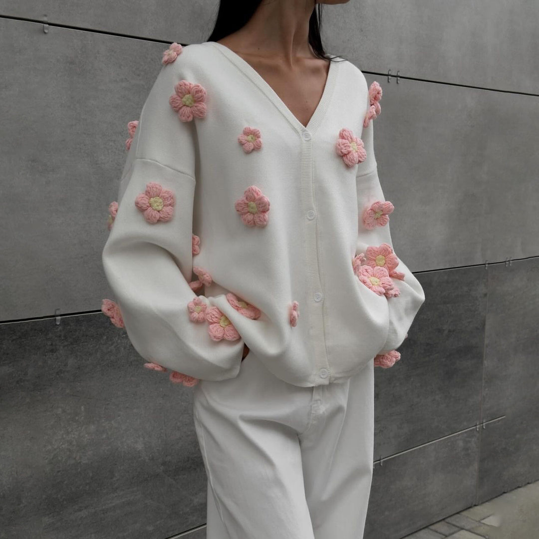 Damen Strickjacke mit floralem 3D-Design und V-Ausschnitt Drune
