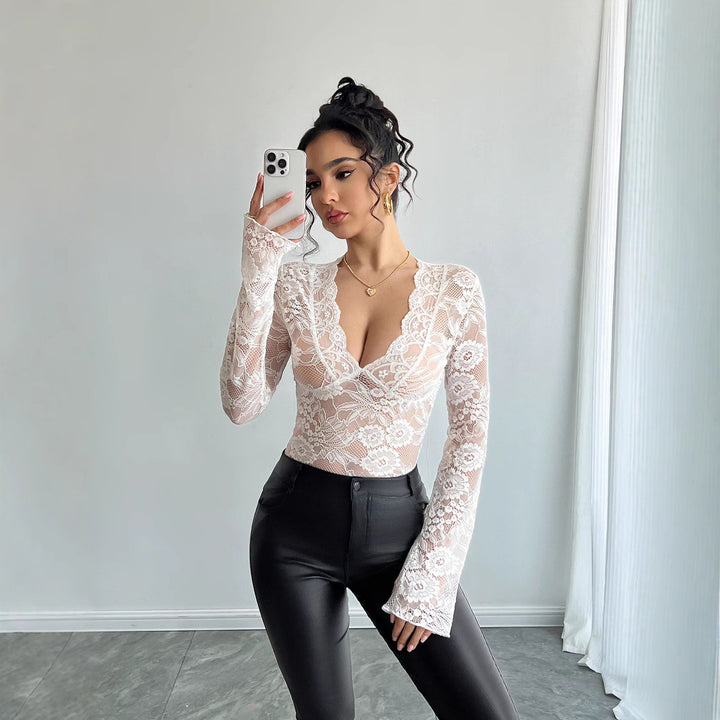Damen nan tailliertes Spitzenshirt mit tiefem V-Ausschnitt, floraler Netzspitze und langen Ärmeln Drune