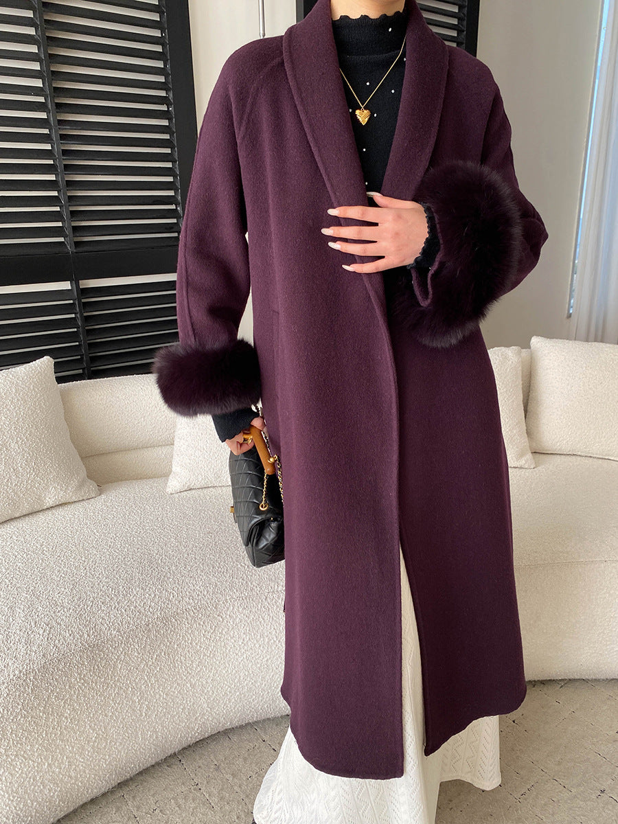 Damen eleganter Langmantel mit samtigen Abschlüssen und großzügigem Schnitt Drune