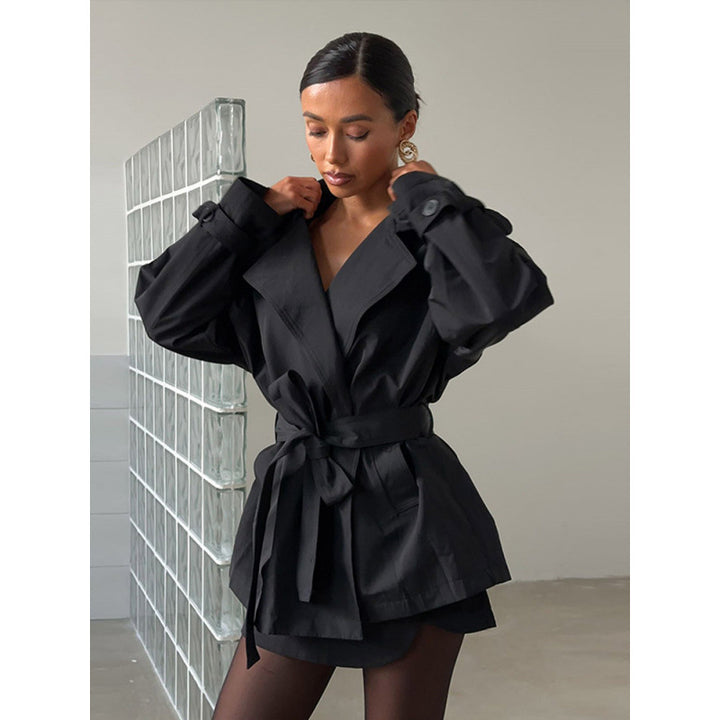 Damen Kurzer Taillierter Trench mit Cape-Überwurf und Bindegürtel Drune