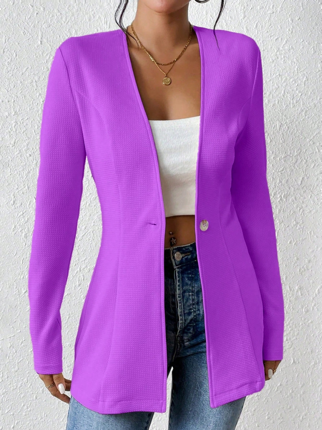 Damen Taillierter kragenloser Longblazer mit Ein-Knopf-Verschluss Drune