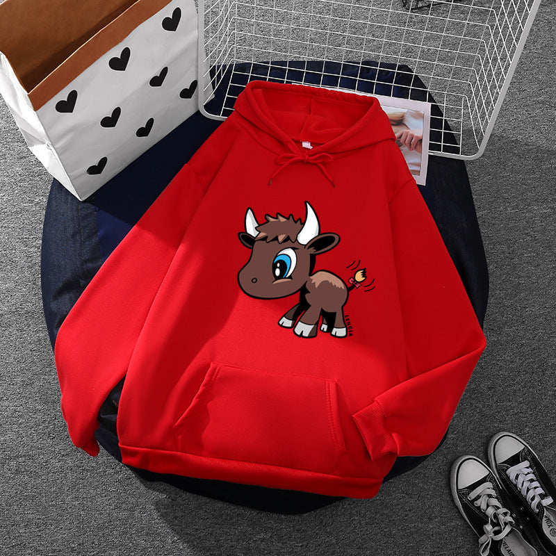 Damen nan Kapuzenpullover mit charmantem Stier-Karikaturprint, Kängurutasche und entspanntem Oversize-Schnitt Drune