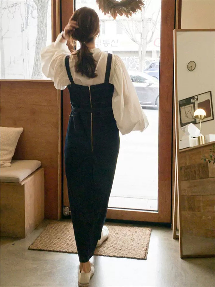 Damen Langes Jeans-Latzkleid mit eckigem Ausschnitt, Taillenband und vorderem Beinschlitz Drune