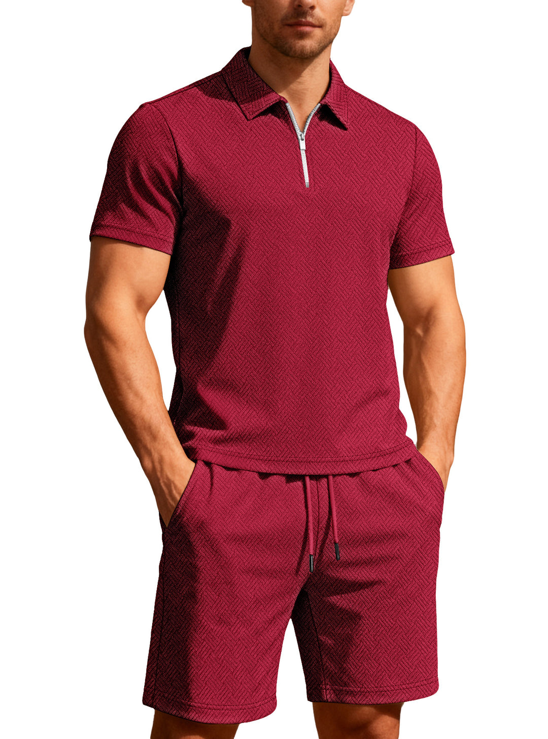 Herren nan komfortables Lounge-Zweiteiler aus strukturierter Baumwollmischung mit Halbzip-Poloshirt und Kordel-Shorts Drune