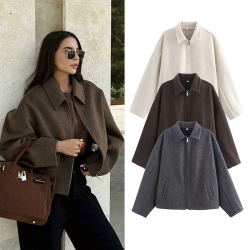 Damen 3100+ lässige kurze Fleece‑Blousonjacke im Boxy‑Cut mit Reißverschluss und Umlegekragen Drune