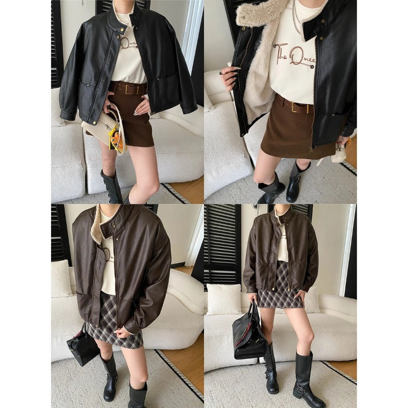 Damen lässige Kunstlederjacke mit eleganten Knopfdetails Drune