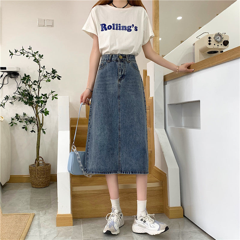 Damen Langer Jeansrock mit hohem Schnitt und dekorativen Nähten Drune