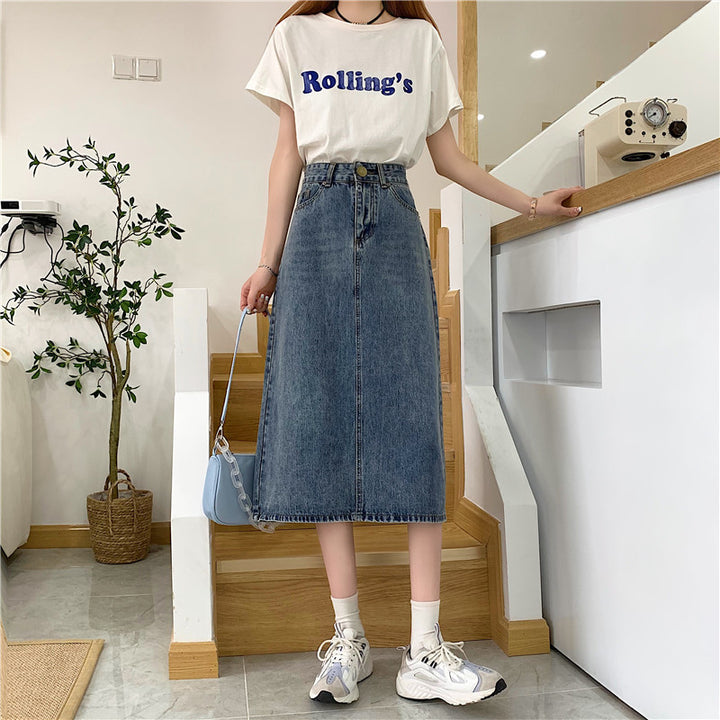 Damen Langer Jeansrock mit hohem Schnitt und dekorativen Nähten Drune