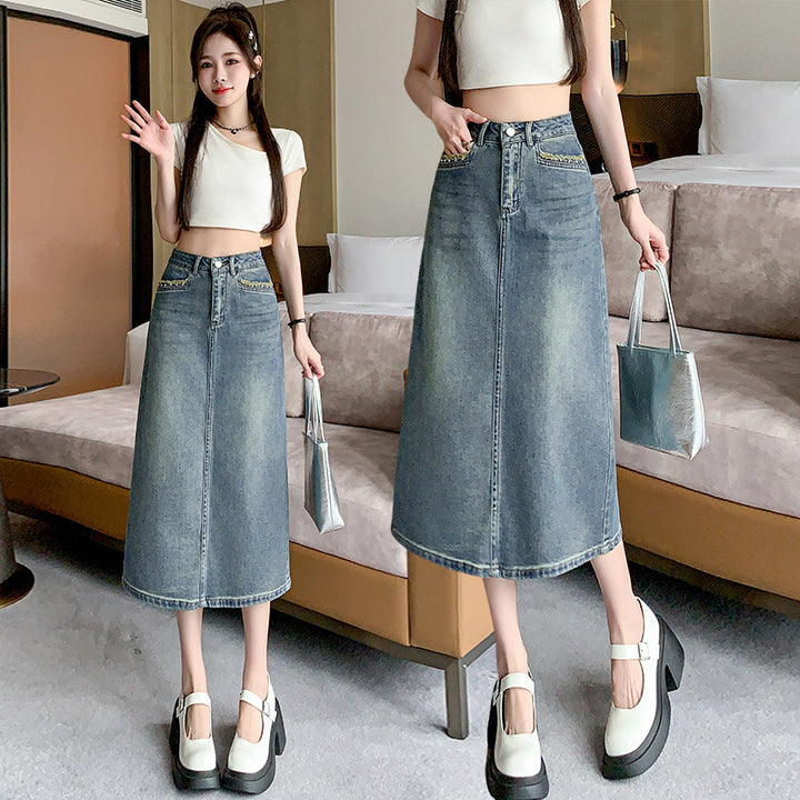 Damen Denim-Midi-Rock mit schwingendem Saum Drune