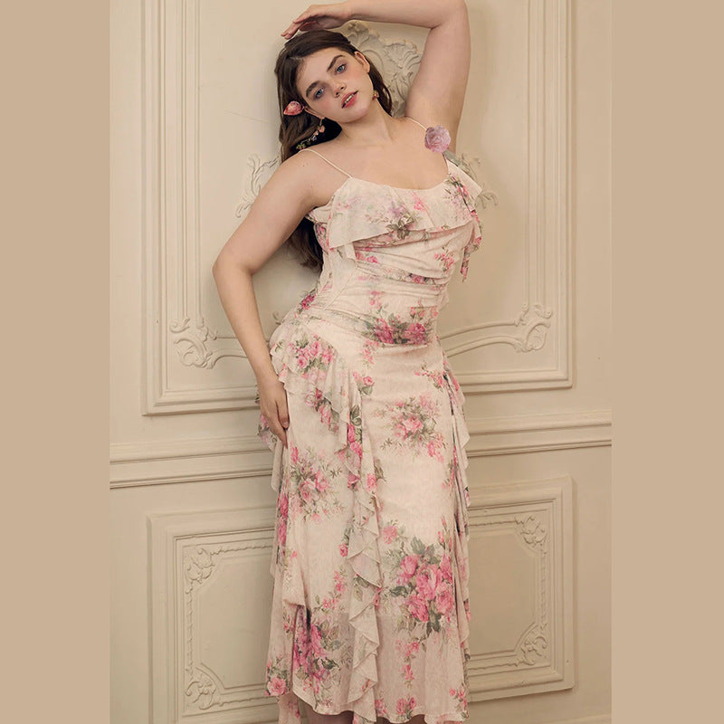 Damen Maxikleid mit floralem Rüschendesign und einem einseitigen Träger Drune
