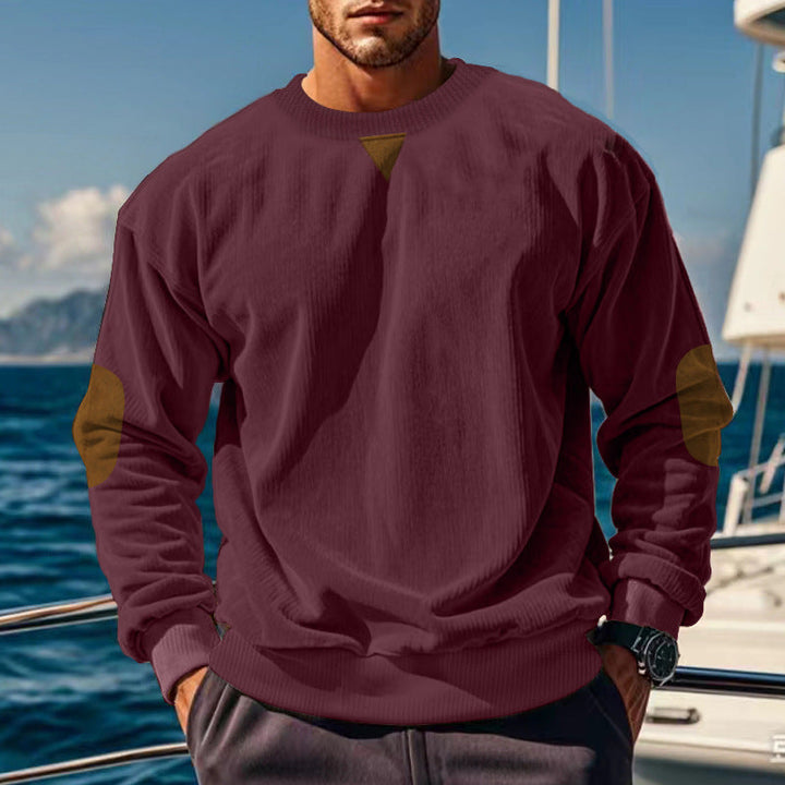 Herren nan gerippter Strickpullover mit Rundhalsausschnitt Ellbogen-Patches und Zierdreieck Drune