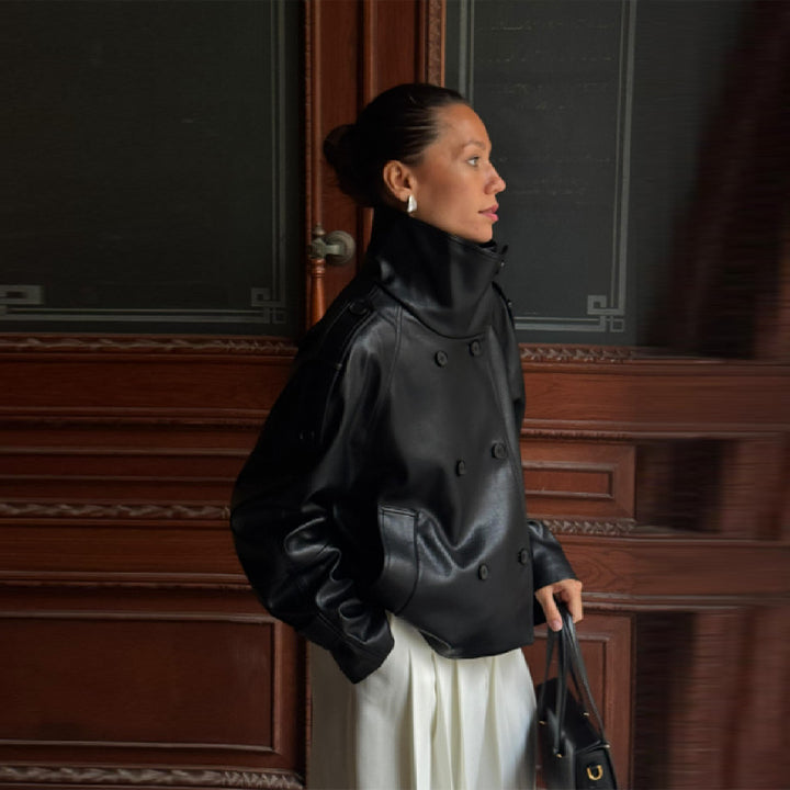 Damen Übergröße Kunstlederjacke mit asymmetrischem Revers Drune