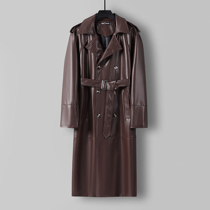 Herren Langer Kunstleder-Trenchcoat mit Doppelreiher, Taillengürtel und Schulterklappen Drune