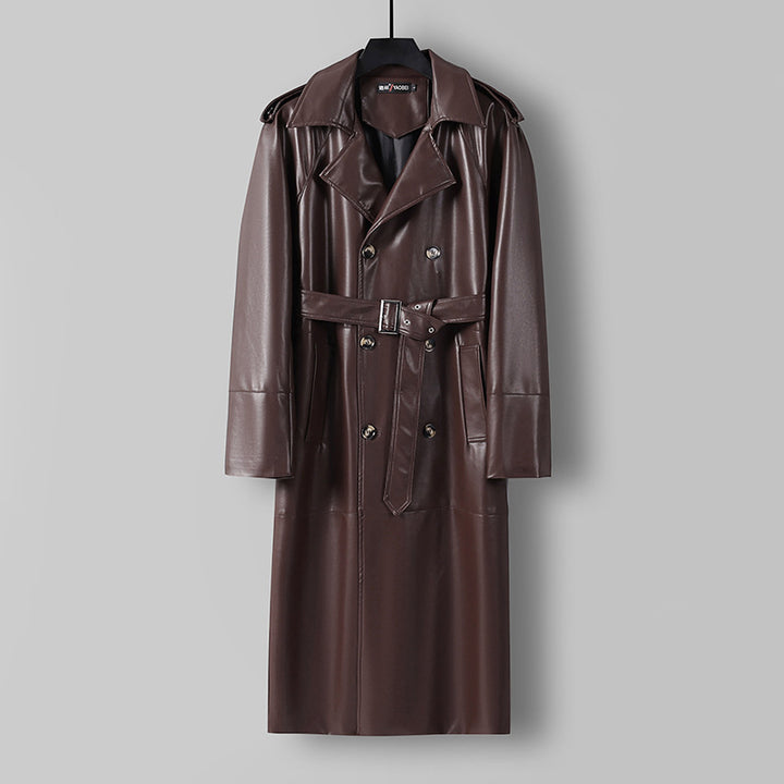 Herren Langer Kunstleder-Trenchcoat mit Doppelreiher, Taillengürtel und Schulterklappen Drune