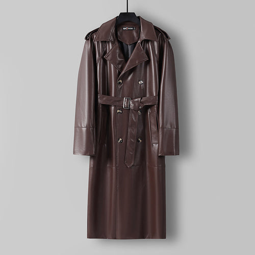 Herren Langer Kunstleder-Trenchcoat mit Doppelreiher, Taillengürtel und Schulterklappen Drune